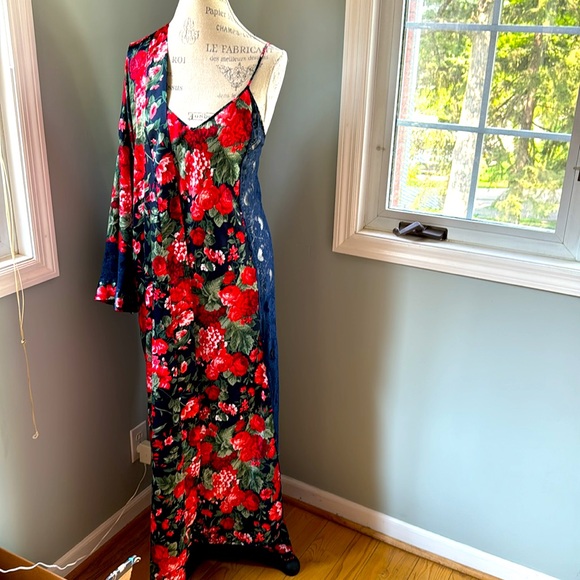 Valentino Intimo navey & red floral maxi slip dress & robe/duster EUC S/M - Picture 1 of 13